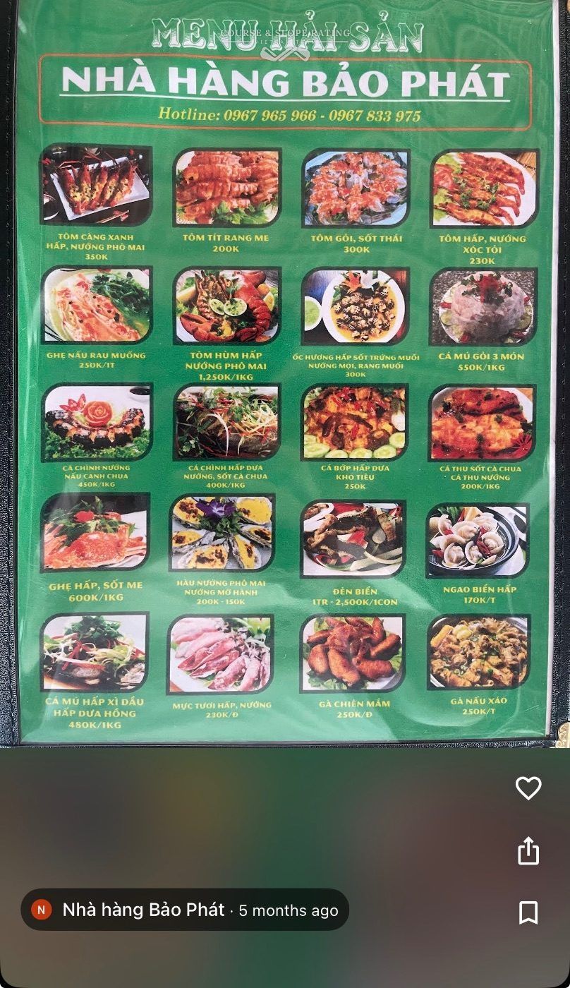 Nhà Hàng Bảo Phát · Thực đơn, giá